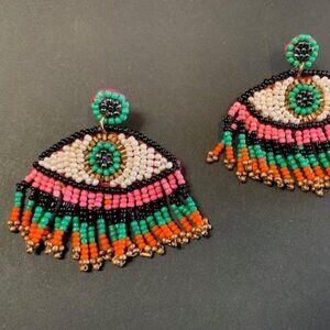 Hand-Beaded Earrings with Fringe and Evil Eye – Tropical 28300